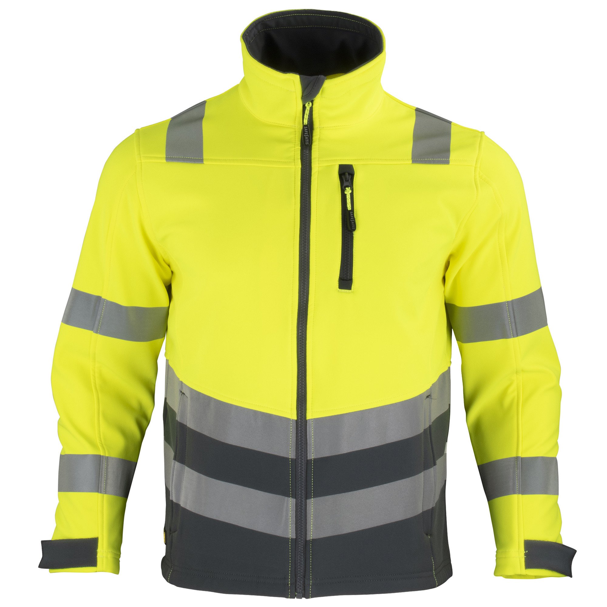 "Chaqueta Softshell hombre: amarillo alta visibilidad, repelente al agua, térmica y con detalles reflectivos.